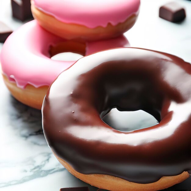 Chocolate esmaltado y rosquillas rosadas sobre fondo de mármol