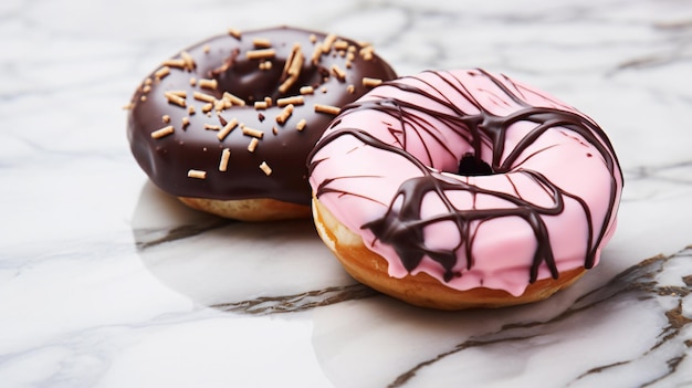 Chocolate esmaltado y rosquillas rosadas en superficie de mármol