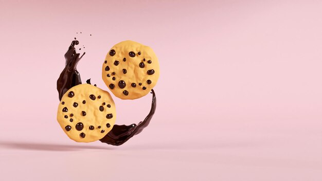 Chocolate espirrado em torno da ilustração 3d de biscoito