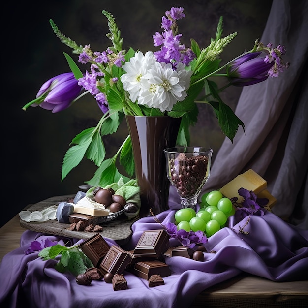 el chocolate y las flores al estilo de verde claro y gris oscuro Ai generativo