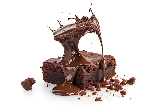 chocolate fluindo em brownie isolado em fundo branco IA generativa