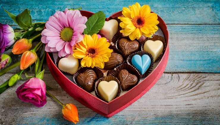 Chocolate en forma de corazón y flores de colores regalo de San Valentín