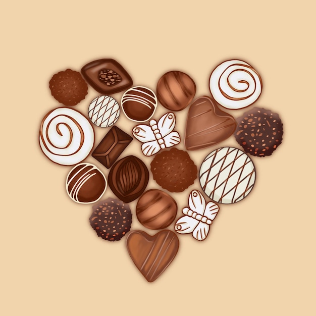 Un chocolate en forma de corazón con un lazo blanco está en el medio del corazón.
