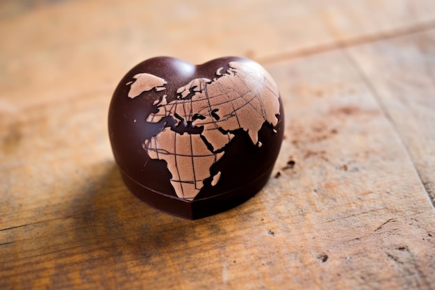 Un chocolate en forma de corazón con un mapa del mundo en él