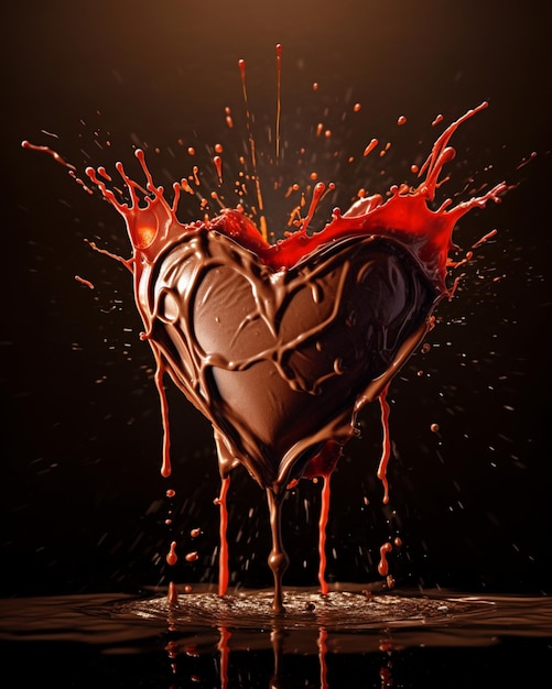 Un chocolate en forma de corazón se vierte en forma de corazón.