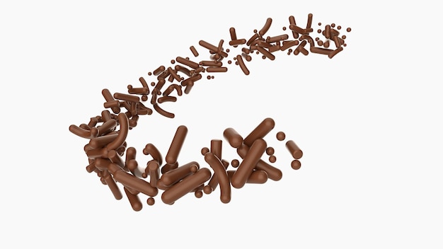 Foto chocolate granulado no ar isolado no fundo branco granulado doce voando ilustração 3d