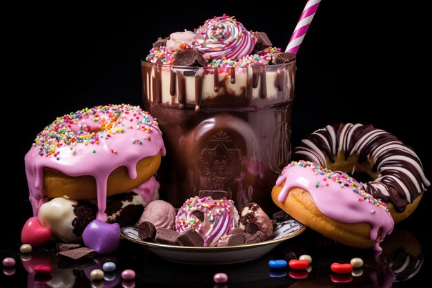 Foto chocolate indulgente cobertura milkshake extremo com donut e doces freakshake louco cópia de tendência alimentar