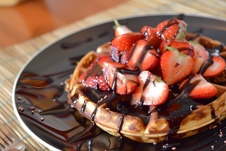 Chocolate y jarabe de arce waffles frescos horneados desayuno de la mañana con fresas encima