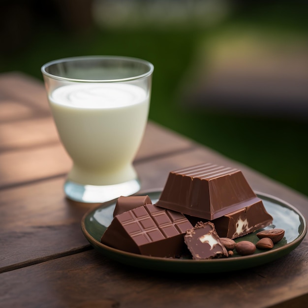 chocolate y leche en la mesa de madera imágenes de ilustración de fondo generadas por AI