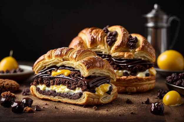 Chocolate puff pastry croissant chocolate eclair e rolo de passas doces