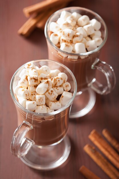 Chocolate quente com bebida de inverno com canela e mini marshmallow