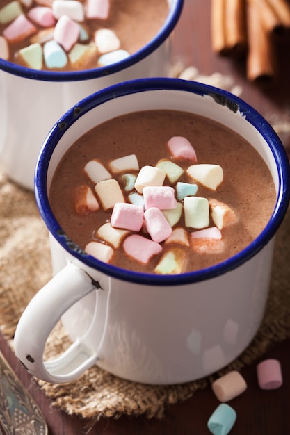 Chocolate quente com bebida de inverno com canela e mini marshmallow