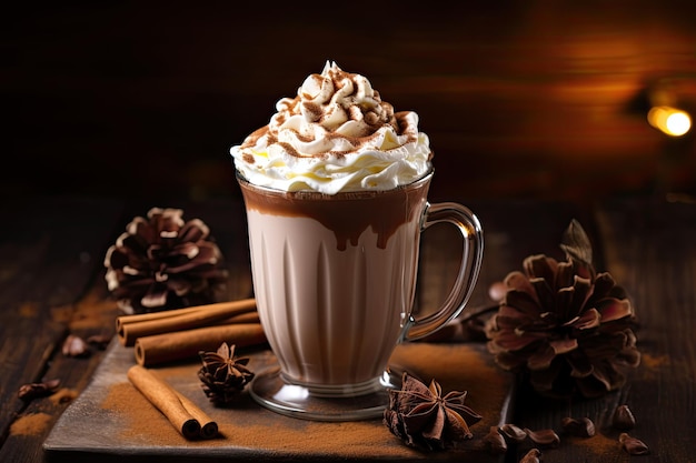 Chocolate quente com chantilly e nozes em um fundo de madeira Foco seletivo Xícara de chocolate quente com chantilly e especiarias na mesa de madeira AI gerado