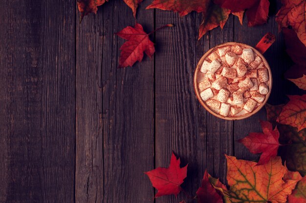 Chocolate quente com marshmallows com folhas de outono