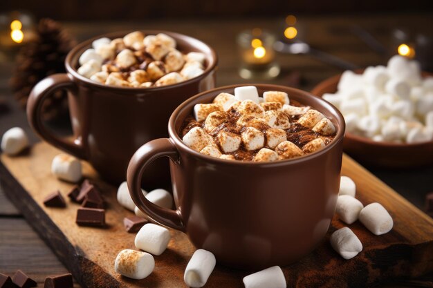 Foto chocolate quente com marshmallows e canela em uma mesa de madeira