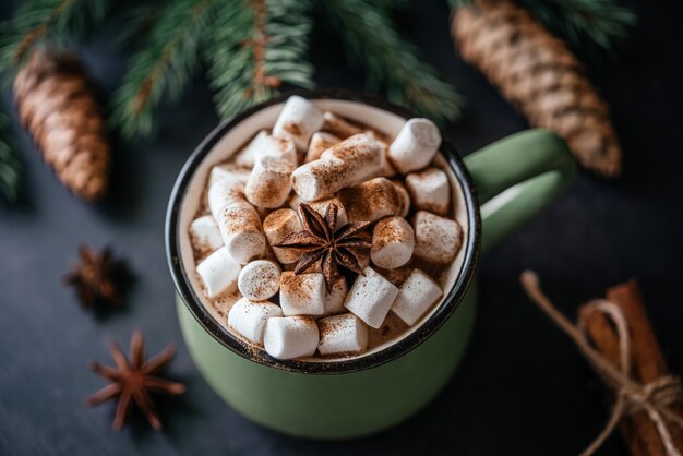 Chocolate quente de Natal com marshmallow, canela e anis estrelado