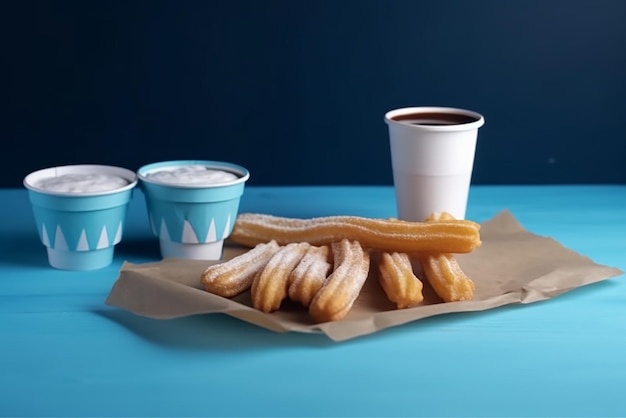 Chocolate quente em uma caneca branca com churros em uma bandeja de madeira