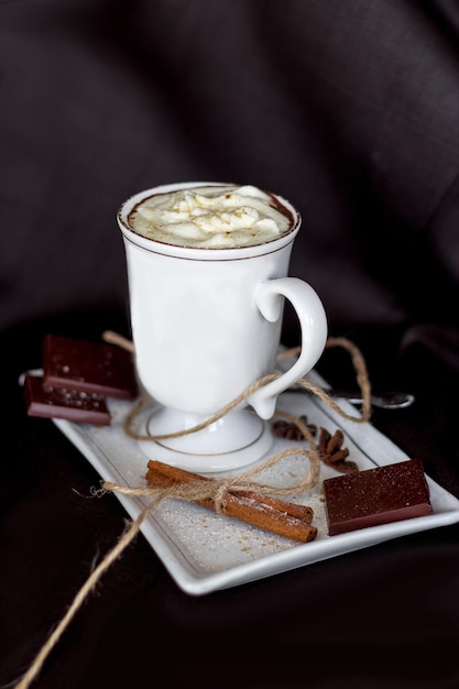 Chocolate quente em uma caneca com alça, especiarias e pedaços de chocolate em um prato branco sobre fundo preto