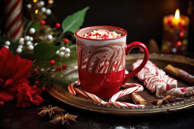 Chocolate quente festivo com bastões de doces e decorações natalinas