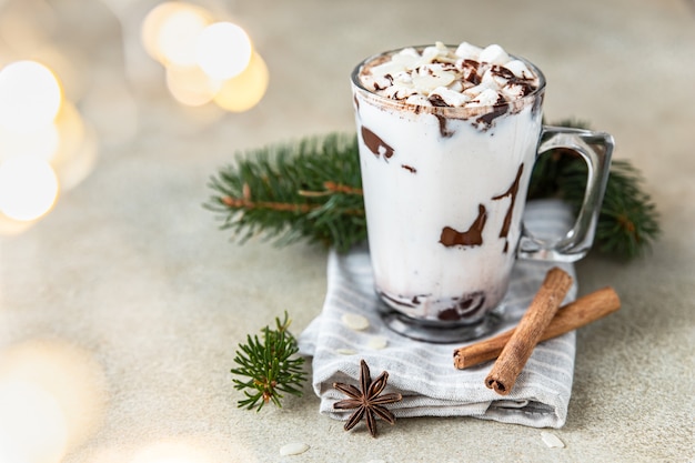 chocolate quente ou bebida de cacau com composição de férias de inverno de marshmallow com anis e guirlanda de canela