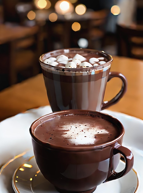 Foto chocolate quente realista em restaurante aconchegante com iluminação quente estética altamente detalhada e paleta de cores neutras para uma atmosfera acolhedora sem clientes generative ai generated