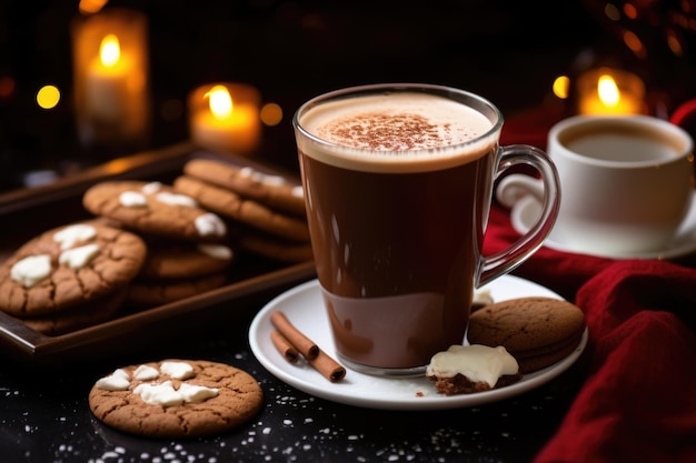 Foto chocolate quente servido com marshmallows e biscoitos