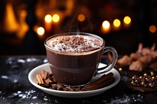 Foto chocolate quente, uma xícara, capturar publicidade profissional, fotografia de alimentos