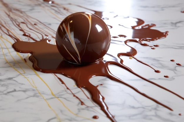 Chocolate temperado derramado sobre uma superfície limpa de mármore