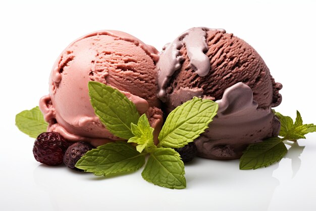 Chocolate de vainilla y helado de fresa hoja verde sobre un fondo blanco