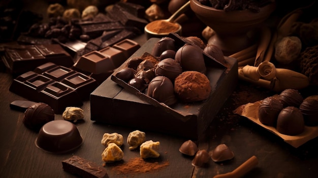 Chocolates bombons de chocolate e chocolate em pó em todos os lugares