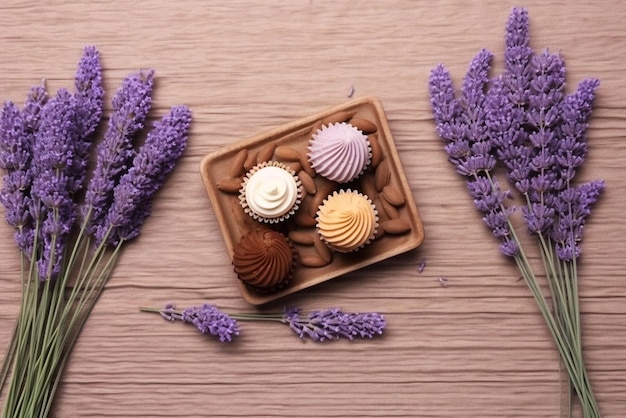 Chocolates de café y lavanda con espacio de copia IA generativa