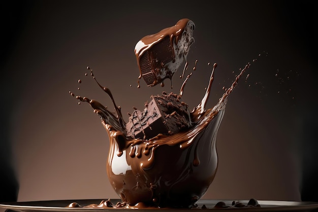 Chocolates cayendo en chocolate de cacao líquido