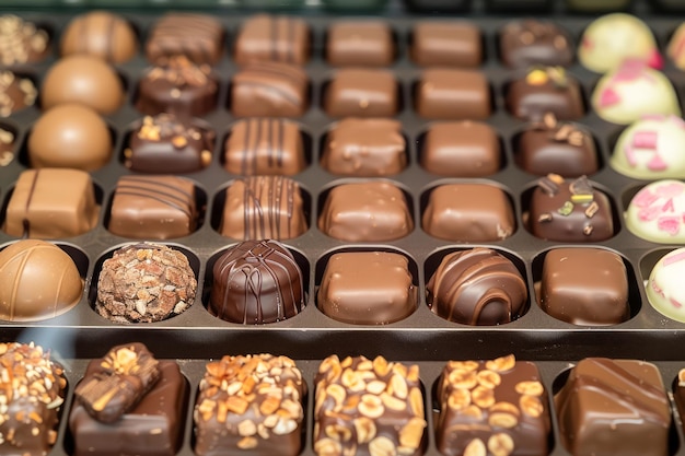 Chocolates de luxo variados em caixas Seleção gourmet de doces de leite escuro e chocolate branco