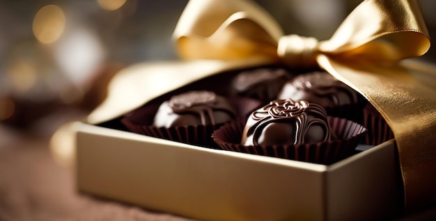 Foto chocolates e pralinhas de chocolate numa caixa de presente como presente de férias de luxo