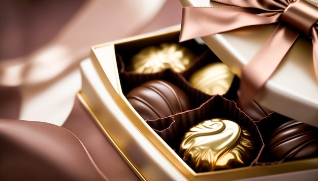 Chocolates e pralinhas de chocolate numa caixa de presente como um presente de férias de luxo