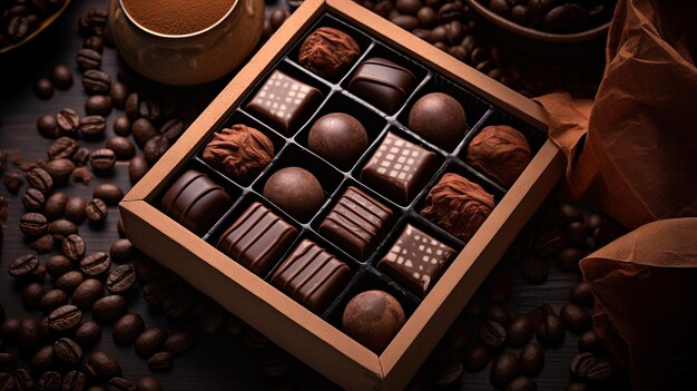 chocolates feitos à mão em uma caixa quadrada e grãos de café perto da vista superior