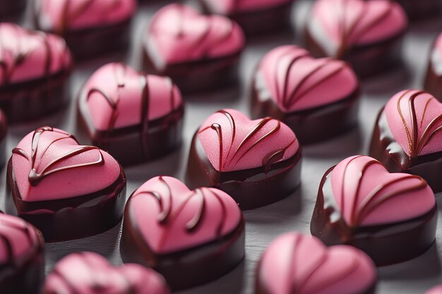 Chocolates en forma de corazón cubiertos con glaseado rosado para el Día de San Valentín