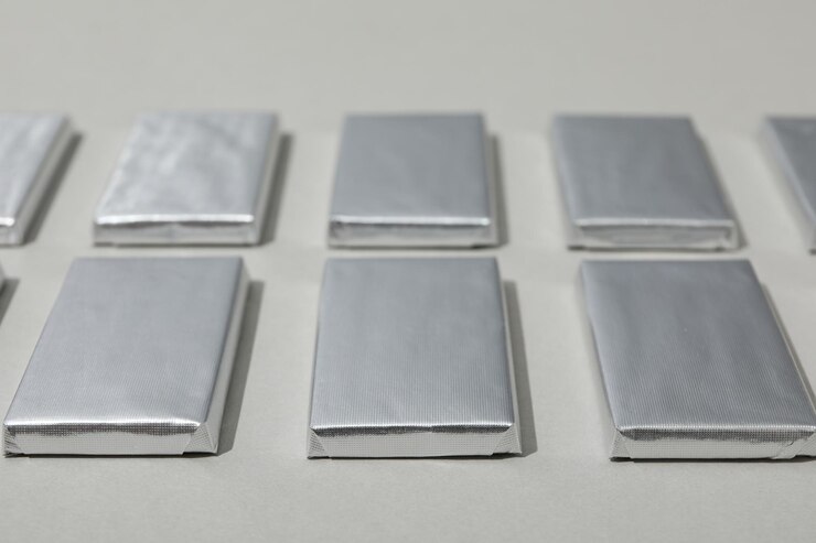 Chocolates en lámina de plata sobre fondo gris de cerca