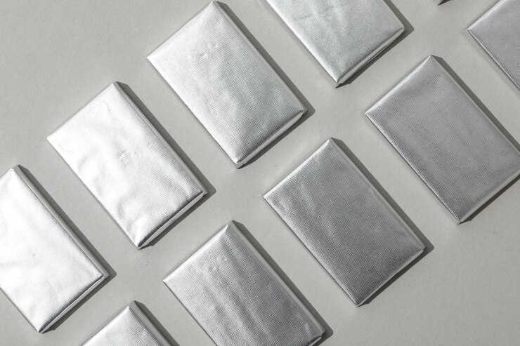 Chocolates en lámina de plata sobre fondo gris vista superior