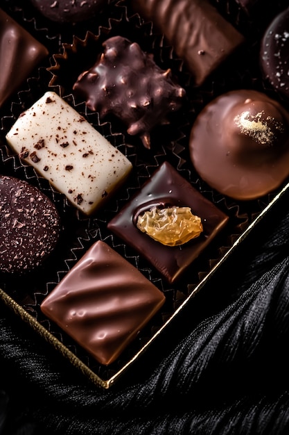 Chocolates suíços em caixa de presente vários bombons de luxo feitos de chocolate escuro e orgânico ao leite em chocolaterie na suíça comida de sobremesa doce como presente de Natal e marca de confeitaria premium