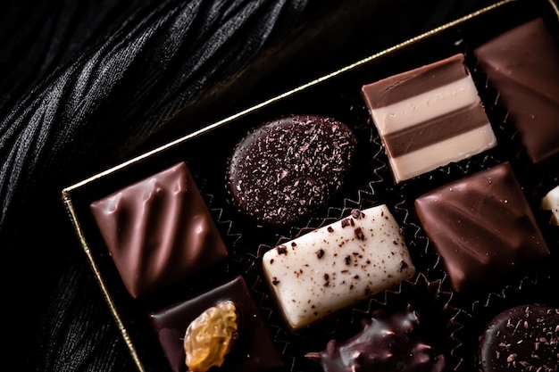 Chocolates suíços em caixa de presente vários bombons de luxo feitos de chocolate escuro e orgânico ao leite em chocolaterie na suíça comida de sobremesa doce como presente de Natal e marca de confeitaria premium