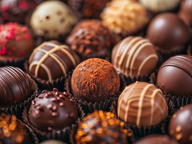 Foto chocolates variados e cacau em pó exibidos em uma mesa