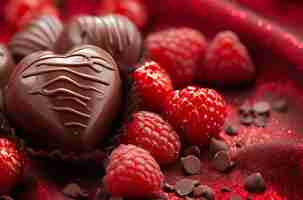 Foto chocolates variados e framboesas frescas em um fundo vermelho ideais para o dia dos namorados ou ocasiões românticas
