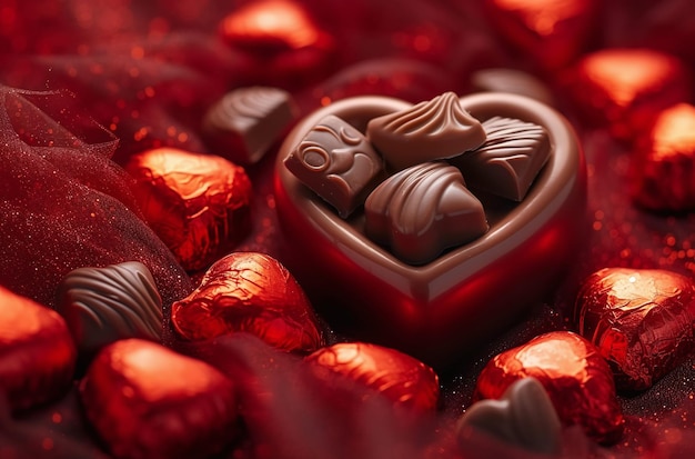 Chocolates variados em uma caixa em forma de coração em um fundo vermelho simbolizando o romance e o Dia dos Namorados