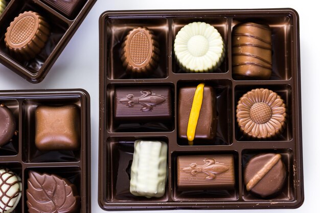 Chocolates variados na caixa em um fundo branco.