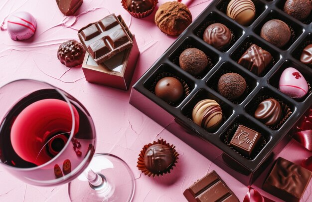 chocolates vino y una caja de chocolates sobre fondo rosa