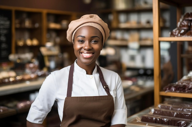 Un chocolatier feliz con sombrero de chef de pie cerca de dulces de chocolate sabrosos