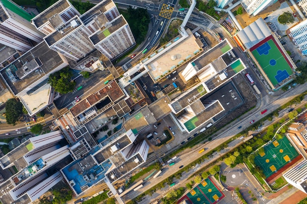 Choi Hung, Hong Kong 25 de abril de 2019: Drone sobrevoa a cidade de Hong Kong