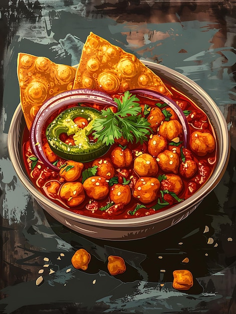 Chole Bhature Gericht Poster mit Kichererbsen und Gurken Warm eine Illustration Essen Trinken indische Geschmacksrichtungen