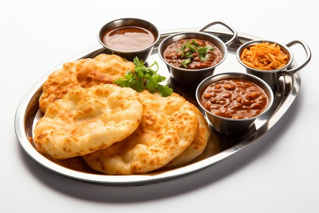 Chole Bhature Platter Flavorful Assortment Em fundo branco Fotografia de imagem de Chole Bhatre